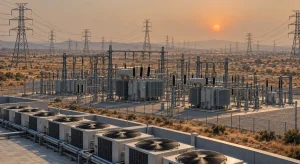 Rows of rooftop cooling units overlook an electrical substation and transmission towers across a dry landscape at sunset.