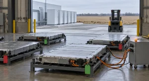 Large EV battery packs sit on steel stands inside an industrial facility, with orange cables connecting one pack to equipment and storage cabinets visible outside.