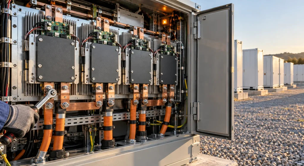 A gloved technician uses a wrench inside an open power electronics cabinet, with rows of battery storage enclosures in the background.