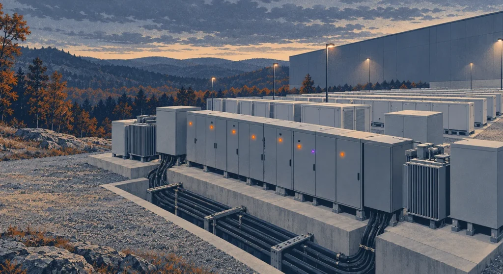 A lineup of grey medium-voltage switchgear cabinets on a concrete pad feeds cables into a trench, with transformers and rows of fuel-cell enclosures beside a windowless data center on a wooded ridge.