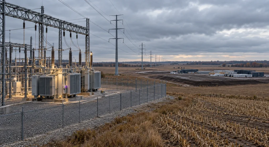 A fenced electrical substation and transmission lines stand beside harvested farmland and a construction site beneath an overcast sky.