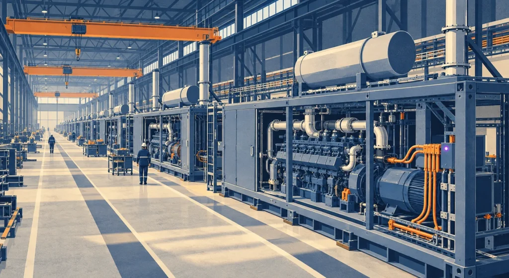 A navy, slate, and cream illustration shows rows of large packaged engine generators inside a factory beneath orange overhead cranes, with workers providing scale.