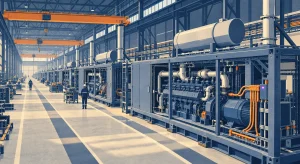 A navy, slate, and cream illustration shows rows of large packaged engine generators inside a factory beneath orange overhead cranes, with workers providing scale.