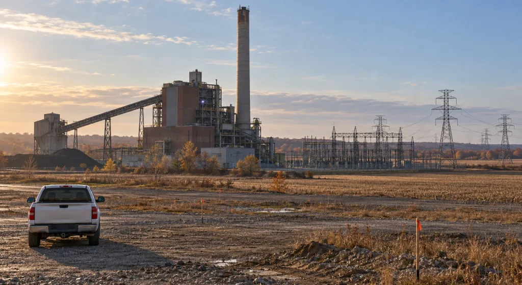 A coal power station and electrical substation stand beyond surveyed rural ground, with a white pickup truck in the foreground under warm evening light.