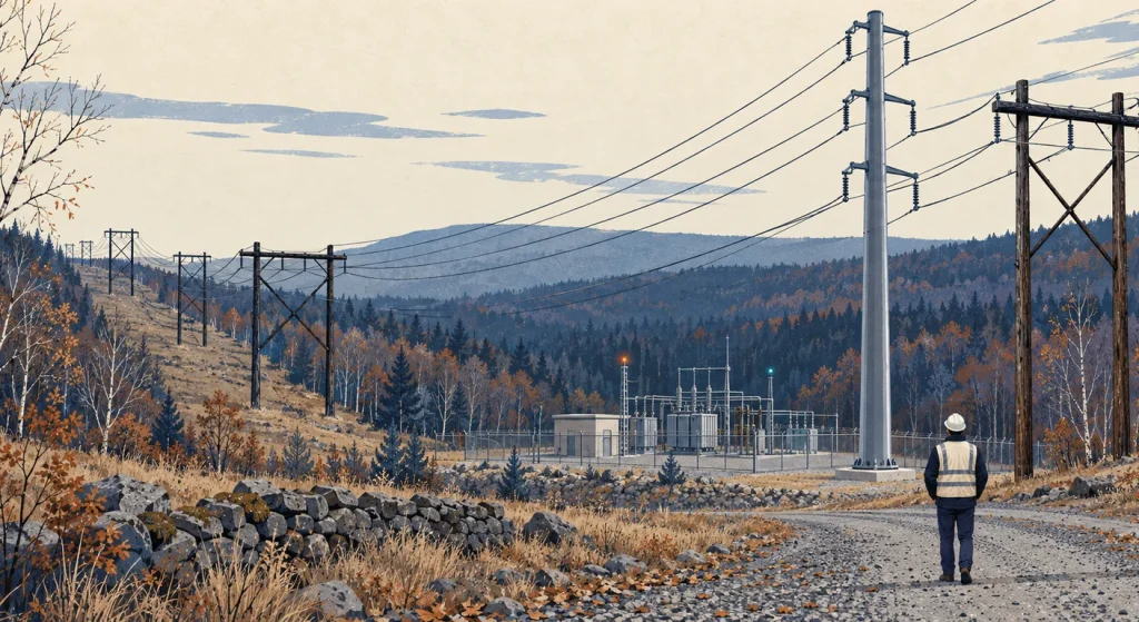 A house-style illustration shows a worker surveying old wooden transmission structures, a newer steel pole, and a substation amid wooded New England hills.