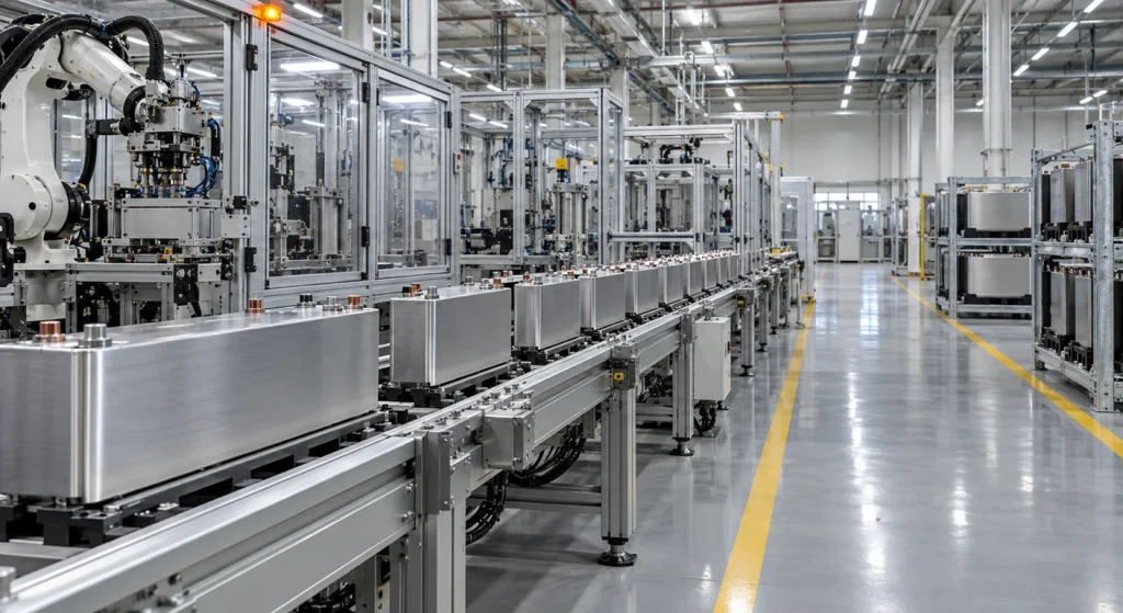 Silver prismatic battery cells travel along a conveyor beside robotic equipment in a bright industrial manufacturing hall.