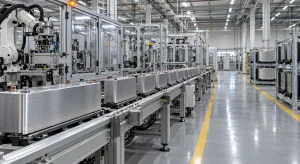 Silver prismatic battery cells travel along a conveyor beside robotic equipment in a bright industrial manufacturing hall.