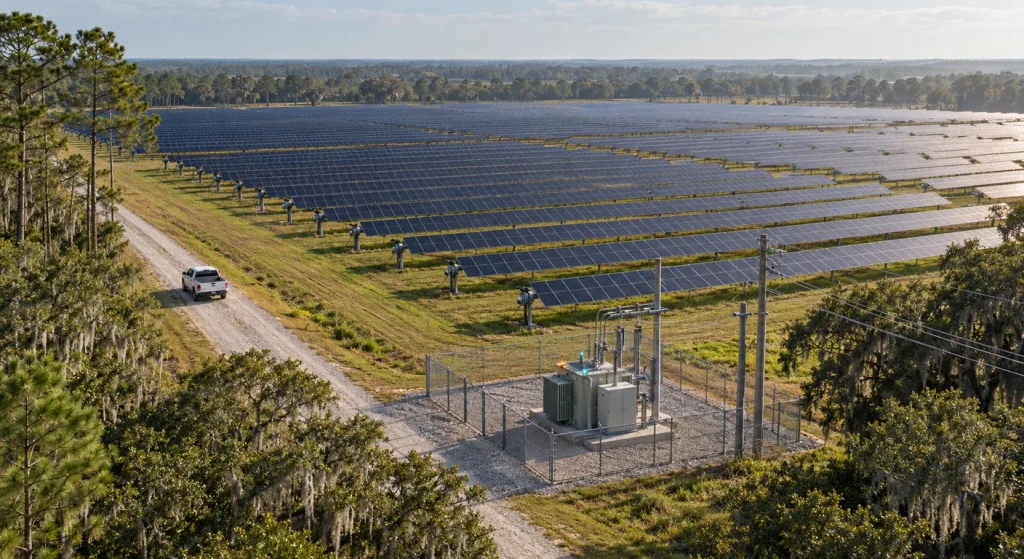 An elevated view shows extensive solar panel rows bordered by woodland, with a pickup on a gravel road and fenced electrical equipment in the foreground.
