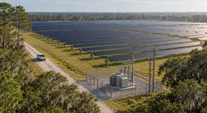 An elevated view shows extensive solar panel rows bordered by woodland, with a pickup on a gravel road and fenced electrical equipment in the foreground.