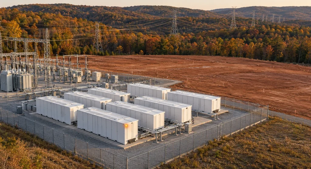 Rows of white utility-scale battery enclosures sit beside a substation beneath transmission lines, with autumn wooded hills behind them.