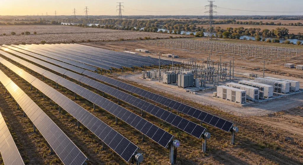 An aerial view shows rows of solar panels beside battery storage enclosures and a substation, with transmission lines crossing flat farmland near a river.