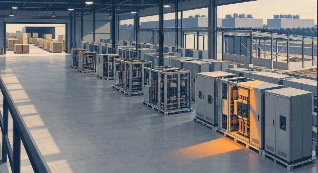 A navy-and-slate illustration shows rows of electrical switchgear and shipping crates inside a spacious industrial factory, with warm light falling across foreground equipment.