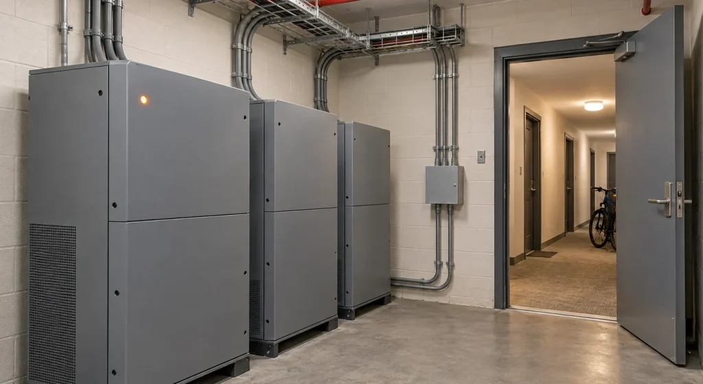 Gray electrical cabinets and overhead conduits fill a utility room beside an open doorway into an apartment corridor.