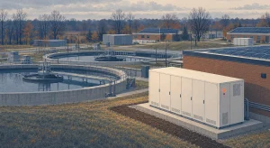 A navy, slate and cream illustration shows rooftop solar and a large battery cabinet at a wooded municipal wastewater treatment facility.