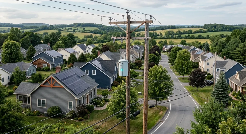 An elevated view of a leafy residential neighborhood shows rooftop solar panels, overhead utility wires and rolling countryside.