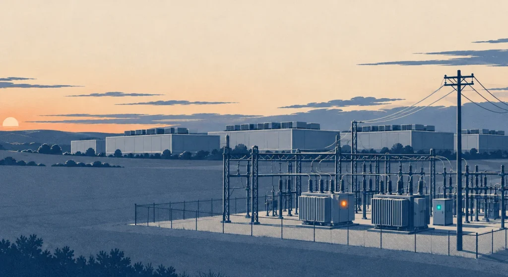 A navy and slate illustration shows a fenced electrical substation and connected utility poles beside large industrial buildings under a cream sunset sky.
