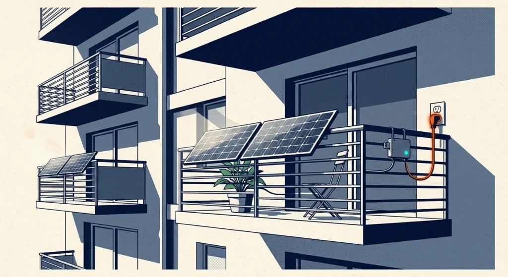 A navy, slate and cream illustration shows solar panels mounted on apartment balconies, with the foreground system connected through an inverter to a wall outlet.