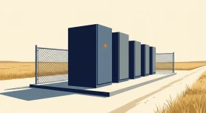 A house-style illustration shows five navy and slate battery storage cabinets on a concrete pad beside chain-link fencing in a dry grassland setting.