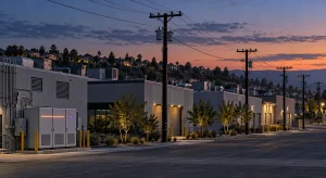 Electrical cabinets and utility poles line a commercial street at dusk, with illuminated hillside homes behind the buildings.