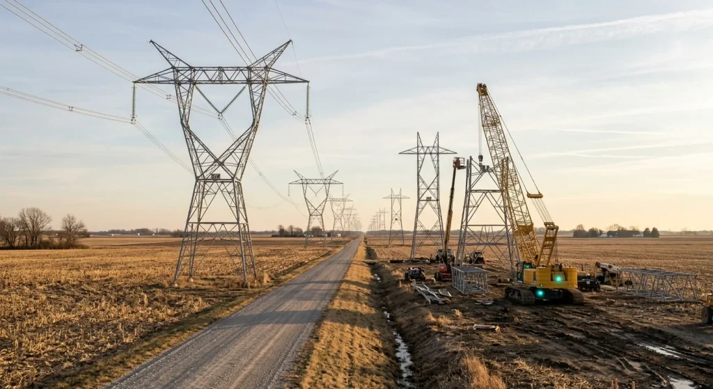 High-voltage transmission towers cross flat harvested farmland beside a rural road, with cranes assembling additional towers on the right.