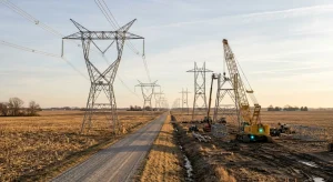 High-voltage transmission towers cross flat harvested farmland beside a rural road, with cranes assembling additional towers on the right.