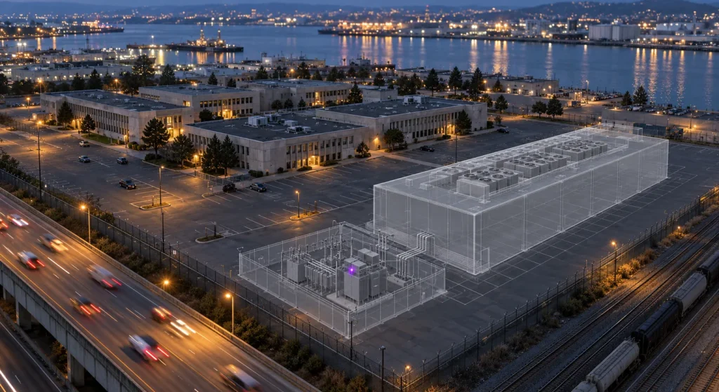 An elevated dusk view shows a waterfront office campus and parking lots with translucent data center and electrical substation overlays, bordered by a freeway and railway tracks.