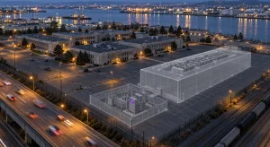 An elevated dusk view shows a waterfront office campus and parking lots with translucent data center and electrical substation overlays, bordered by a freeway and railway tracks.