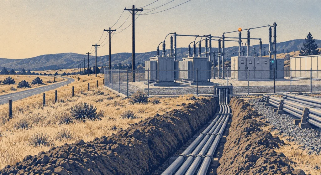 A navy, slate, and cream illustration shows a rural electrical substation beside utility poles, with underground conduits being installed in a foreground trench against dry hills.
