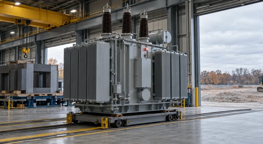 A large gray power transformer sits on a rail carriage inside a factory beside an open bay overlooking construction earthworks.