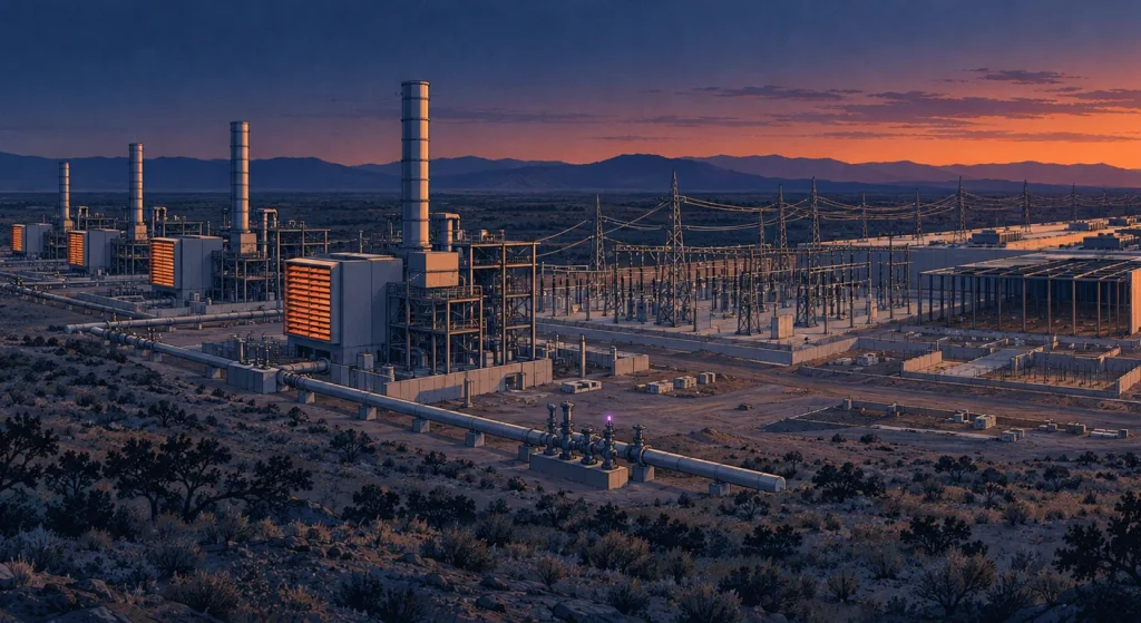 A navy and slate illustration shows a sprawling gas power complex with pipelines, transmission infrastructure and construction areas beneath an orange sunset.