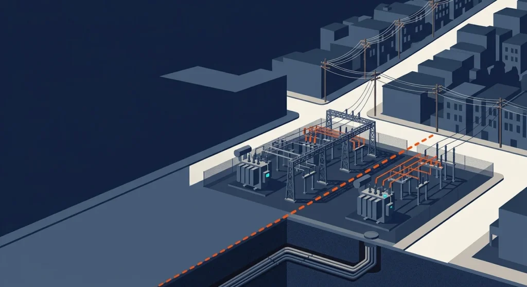 An isometric cutaway illustration depicting an urban electrical substation, power lines, and underground conduits divided by a glowing orange dashed boundary line.