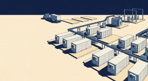 An isometric house-style illustration in navy, slate, and cream depicting a utility-scale battery energy storage installation with containerized battery packs, concrete pads, an electrical.