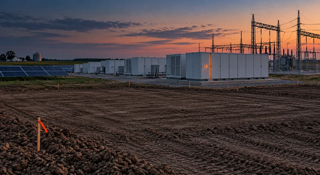 Rows of battery storage cabinets stand beside solar panels and an electrical substation in a rural landscape at sunset.