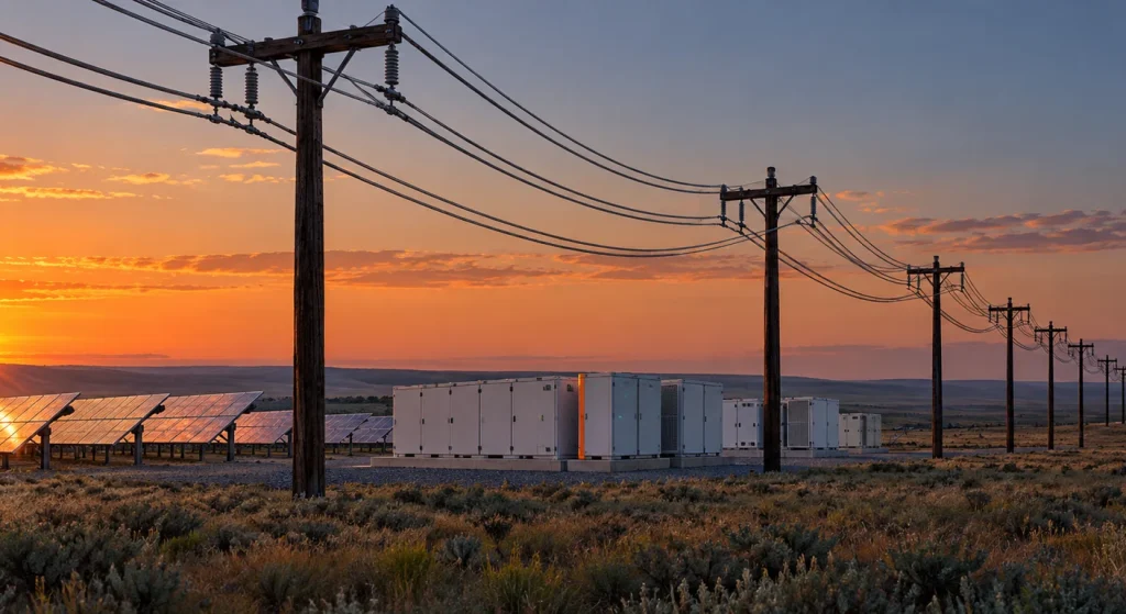 Solar panels and battery storage cabinets sit beside a line of utility poles in a dry rural landscape at sunset.