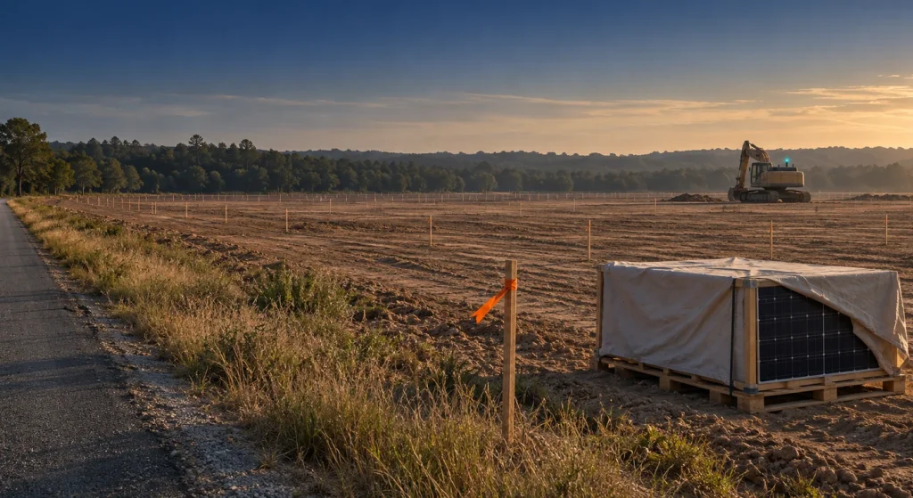 A partially covered pallet of solar panels sits beside a staked dirt construction site with an excavator and a tree-lined horizon at sunset.