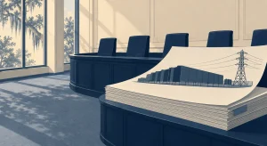 A navy and cream illustration shows an empty commission chamber beside a thick filing topped with a depiction of a data center and transmission tower, with moss-draped trees outside.