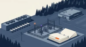 An isometric editorial illustration in navy, slate, and cream showing a power substation linking a data center to a big-box commercial store, alongside an open regulatory docket binder.