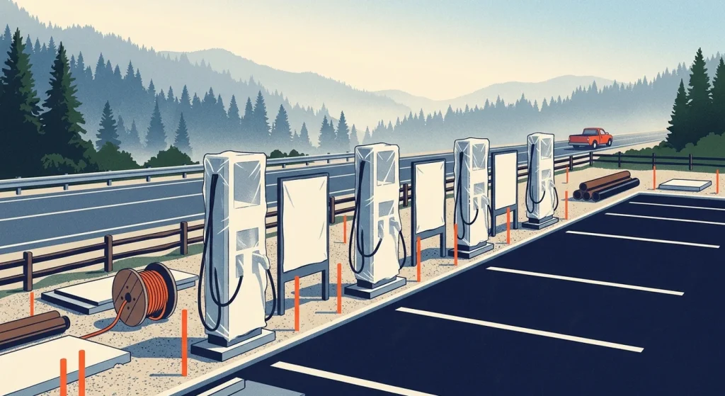 An editorial illustration of an unfinished highway electric vehicle charging station with shrink-wrapped charging stalls and cable spools set against a forested mountain ridge.