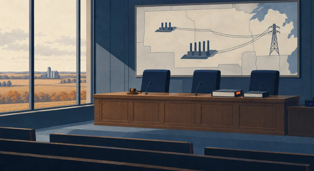 A navy-toned illustration shows an empty regulatory hearing room with a Wisconsin map depicting two power plants connected to a transmission tower and farmland visible outside.