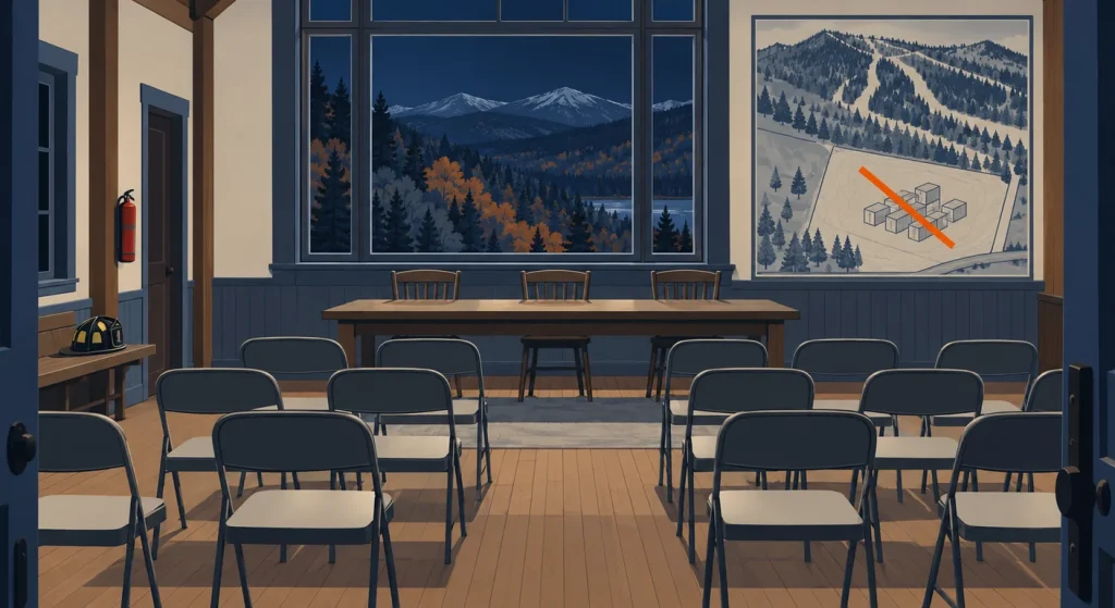 An illustrated empty town meeting room overlooks forested mountains, with a wall diagram showing battery-storage units crossed out by an orange slash.