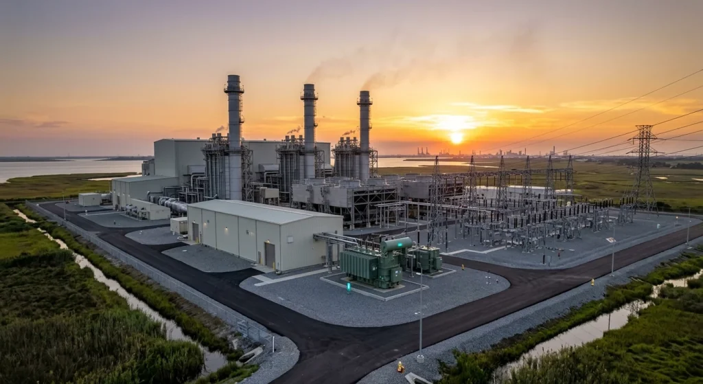 Aerial photograph of a combined-cycle natural gas power plant and electrical switchyard situated in a coastal wetland at sunset.