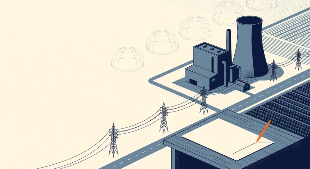 A navy and slate illustration shows a nuclear power facility beside transmission lines and farmland, with outlined proposed reactor domes and a blank planning sheet with an orange pencil.