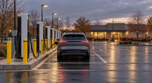 An electric SUV charges beside a row of charging stations in a wet suburban parking lot at dusk.