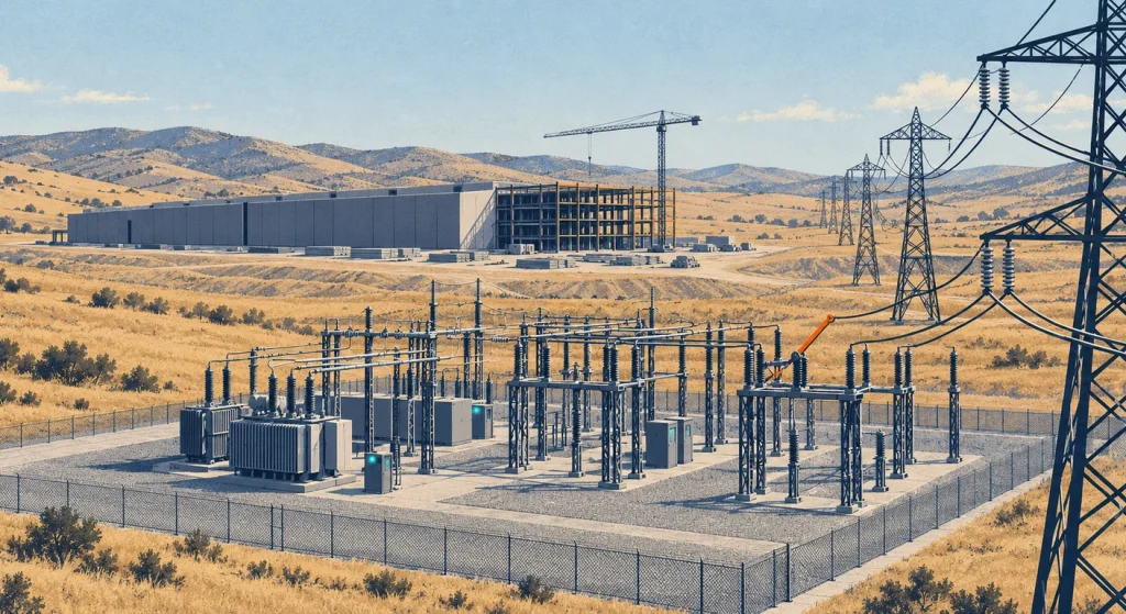 A house-style illustration shows a fenced electrical substation and transmission towers beside a large industrial facility under construction in dry California-like hills.