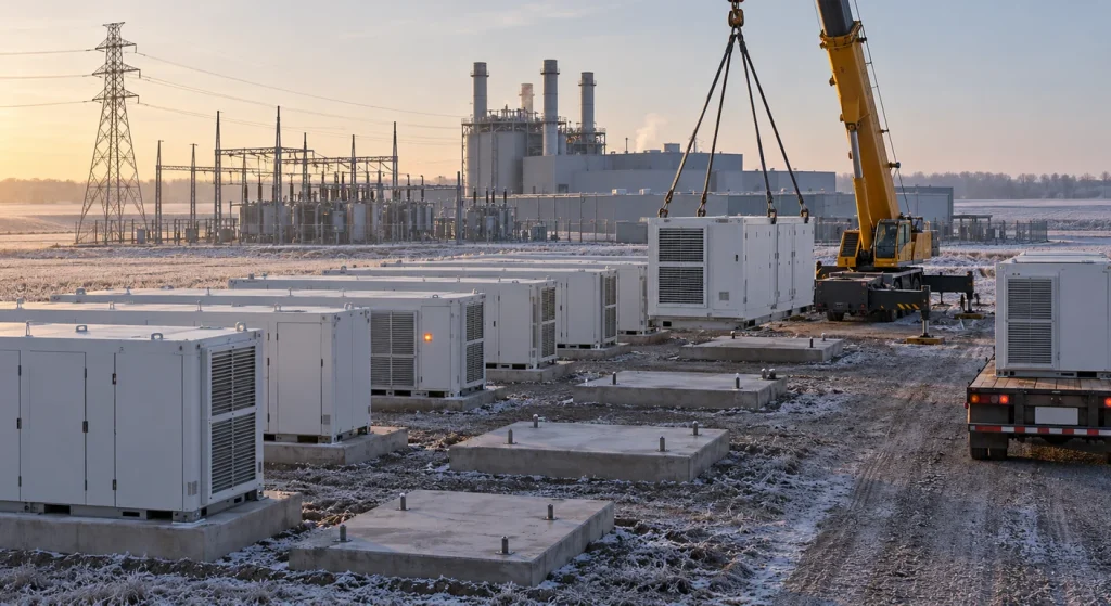 A crane unloads a white battery storage cabinet beside rows of installed units on frost-covered ground near electrical infrastructure and a power plant.