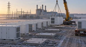 A crane unloads a white battery storage cabinet beside rows of installed units on frost-covered ground near electrical infrastructure and a power plant.