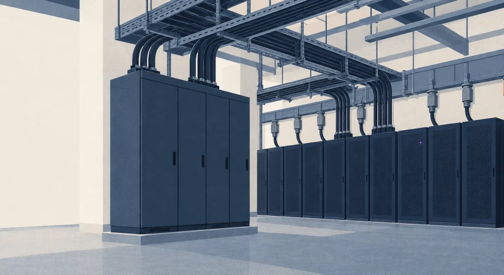 A navy, slate and cream illustration shows electrical distribution cabinets beside data center server racks beneath overhead cable trays and power conduits.