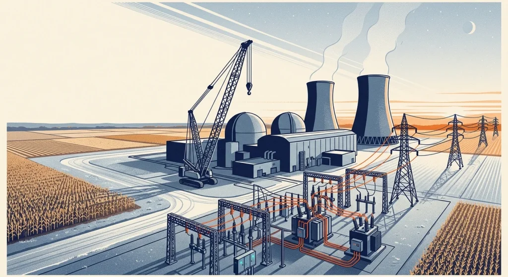 An editorial illustration of a nuclear power station undergoing uprate work, with containment domes, cooling towers, a crawler crane beside the turbine hall and a high-voltage switchyard set in.