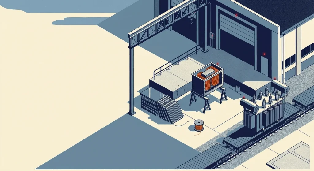 An isometric house-style illustration of a power transformer manufacturing facility featuring an exposed coil core, steel laminations, and a completed substation transformer on a rail flatcar.