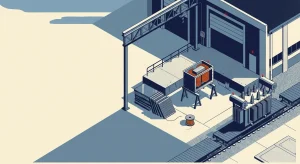 An isometric house-style illustration of a power transformer manufacturing facility featuring an exposed coil core, steel laminations, and a completed substation transformer on a rail flatcar.